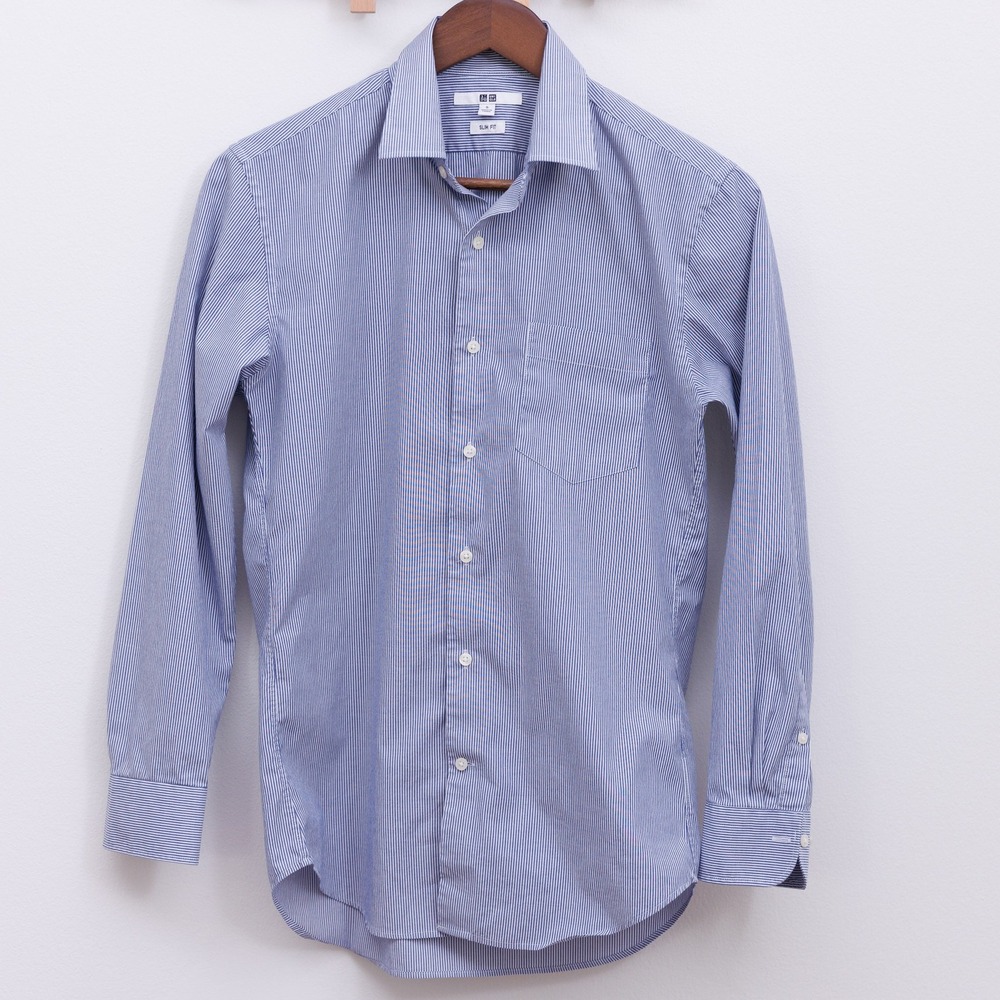 Uniqlo Mens Small Slim Fit Blue White Micro Stripe Long Sleeve Button Down Shirt
